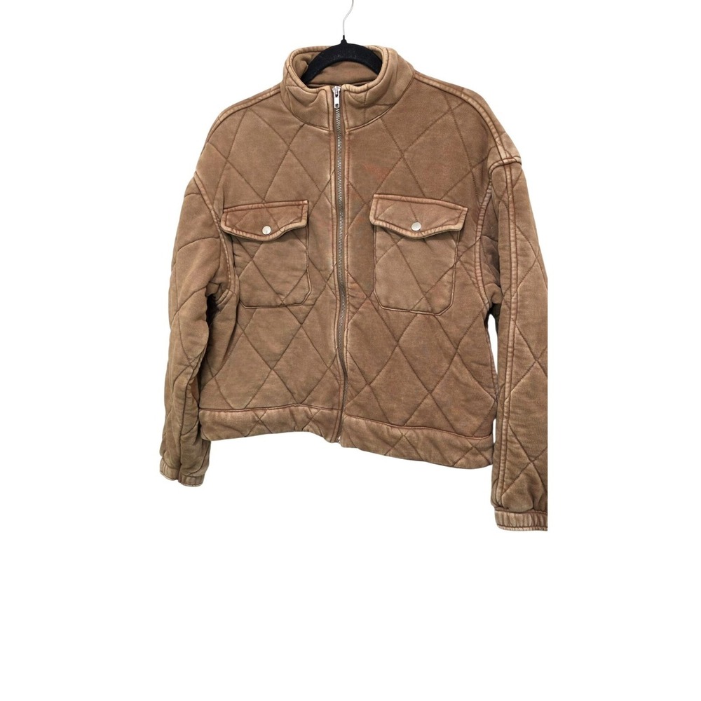 Tan Coconut‎ Quilted Jacket Zipper & Snap Pockets Elastic Hem Size XS